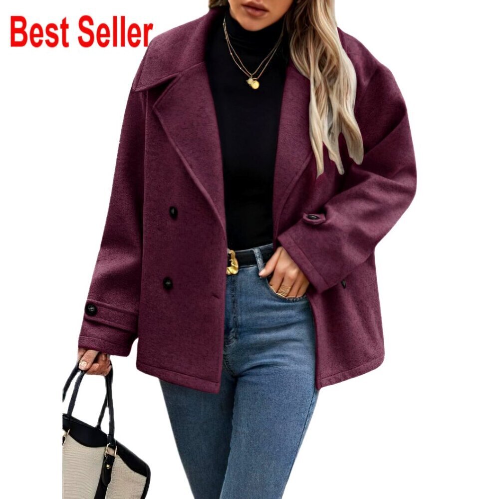 Winter Wool Pea Coat Cropped Loose Fit Double Breasted Chic Blazer Jacket